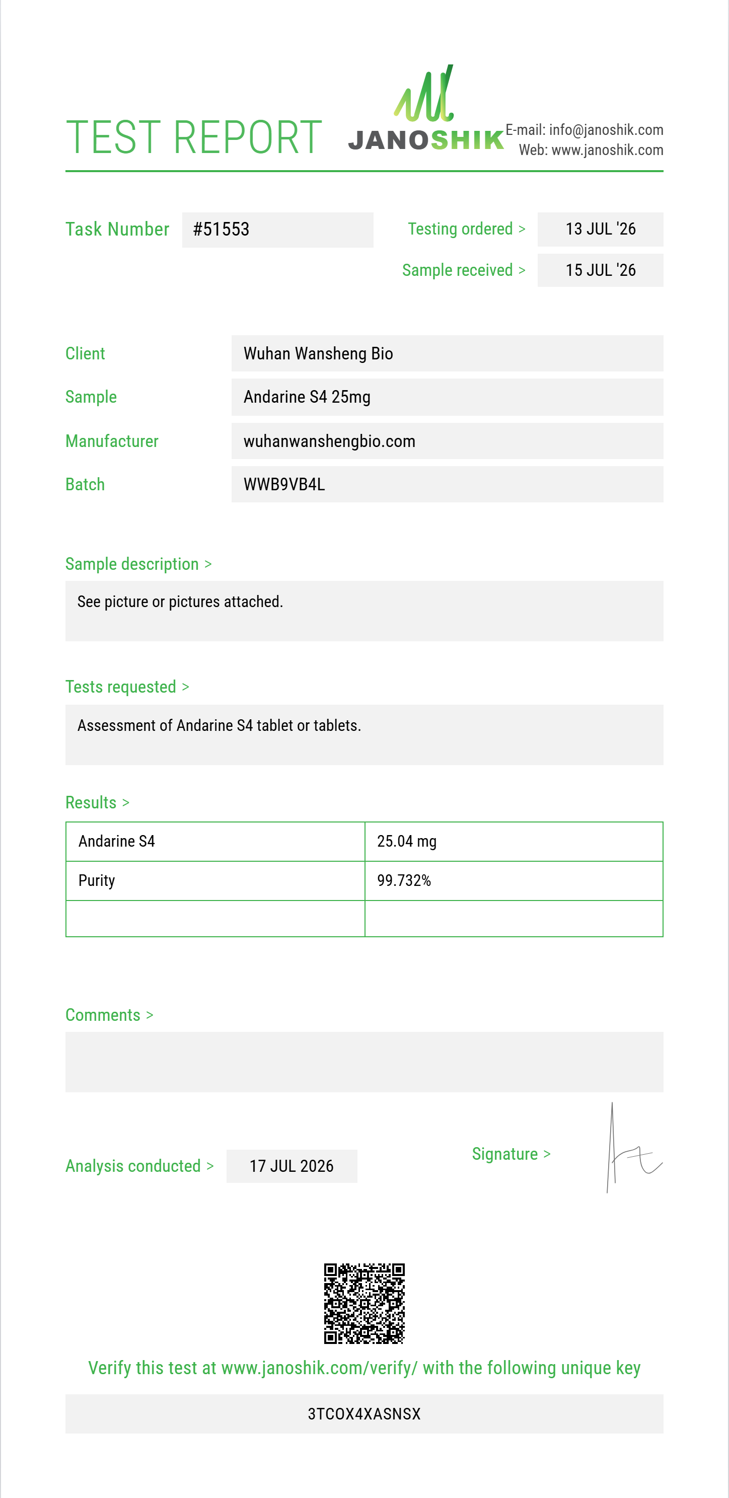 Andarine S4 Purity (HPLC) report by Janoshik Analytical