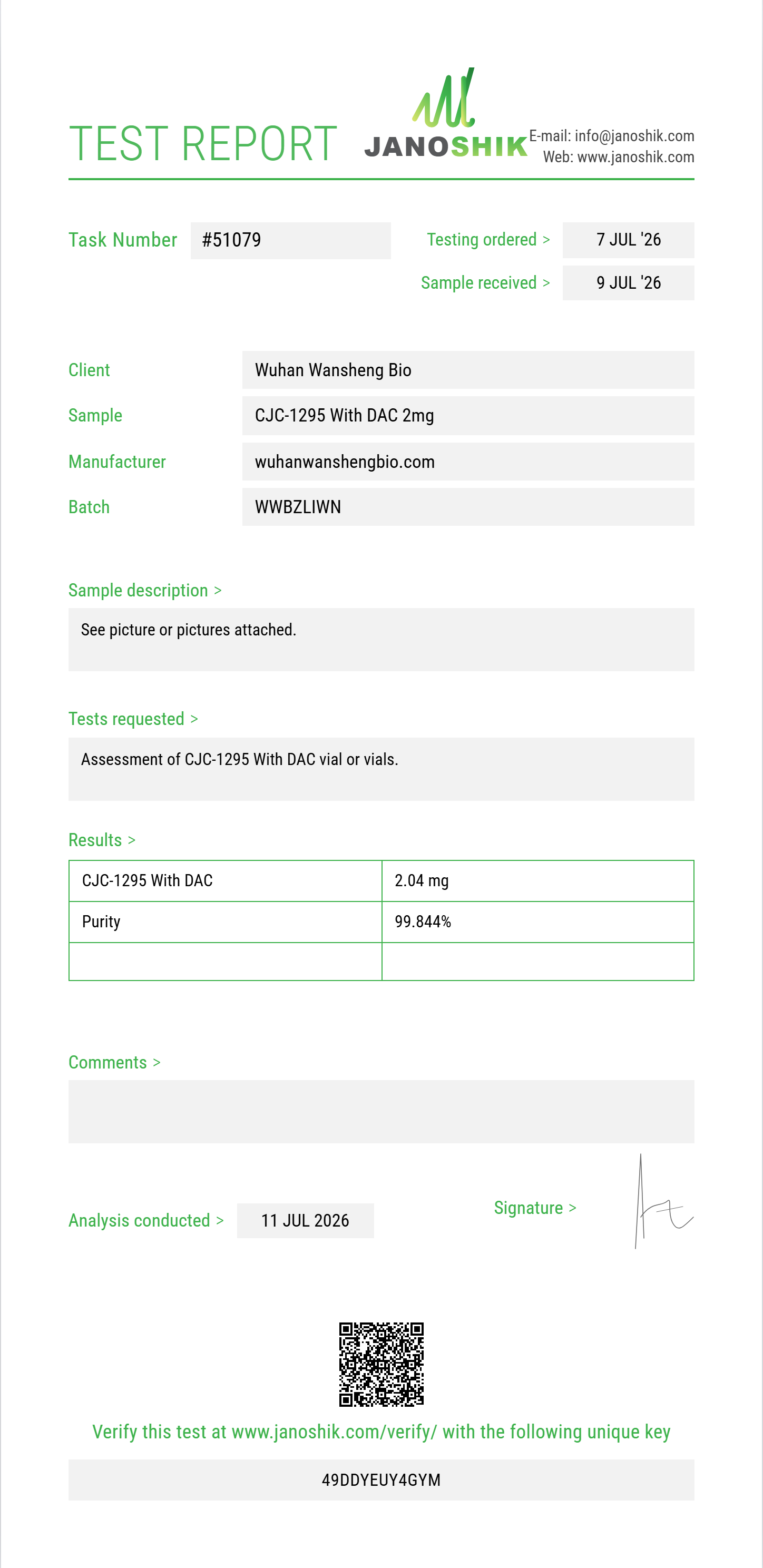CJC-1295 With DAC Purity (HPLC) report by Janoshik Analytical