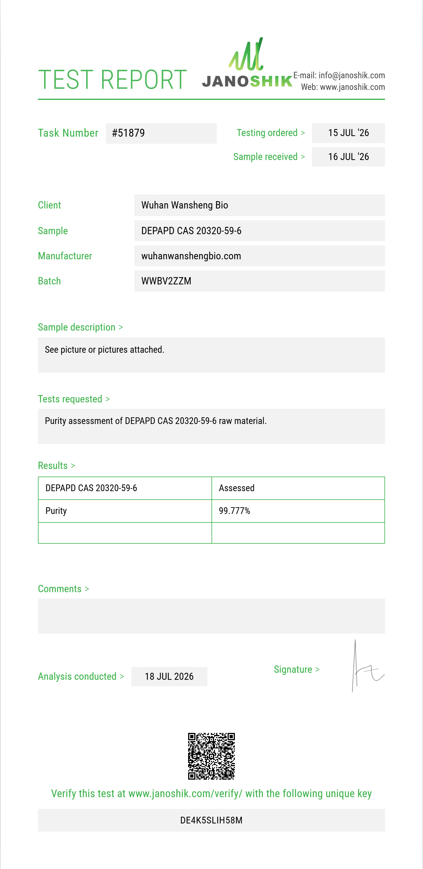 DEPAPD (diethyl phenylacetylpropanedioate) CAS 20320-59-6 Purity (HPLC) report by Janoshik Analytical