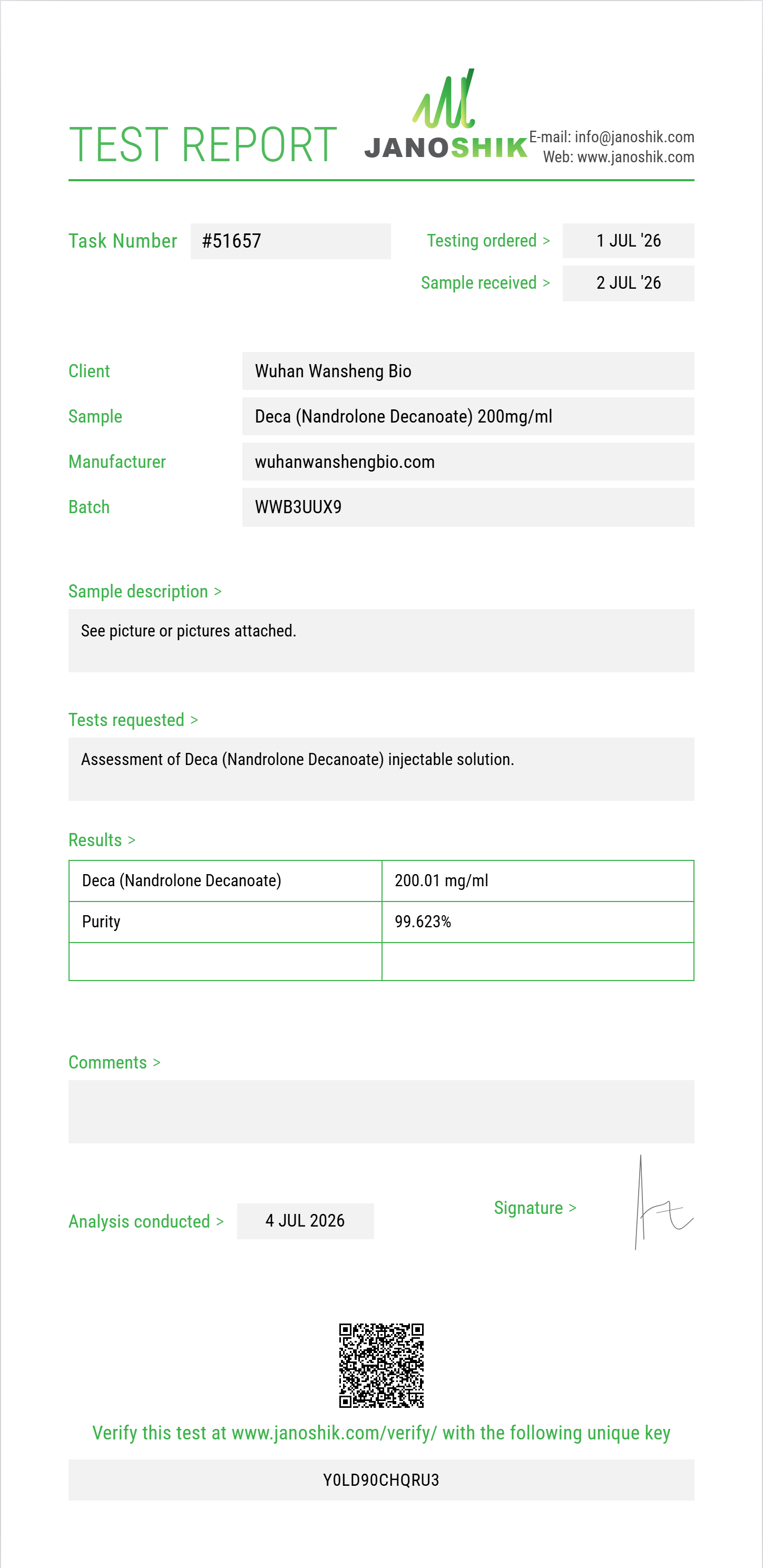 Deca (Nandrolone Decanoate) Purity (HPLC) report by Janoshik Analytical