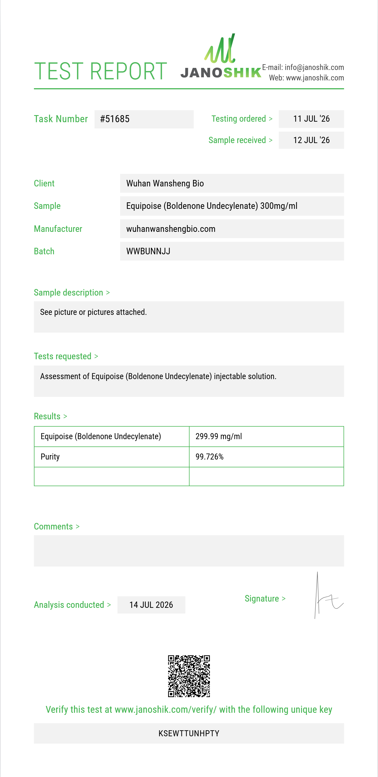Equipoise (Boldenone Undecylenate) Purity (HPLC) report by Janoshik Analytical