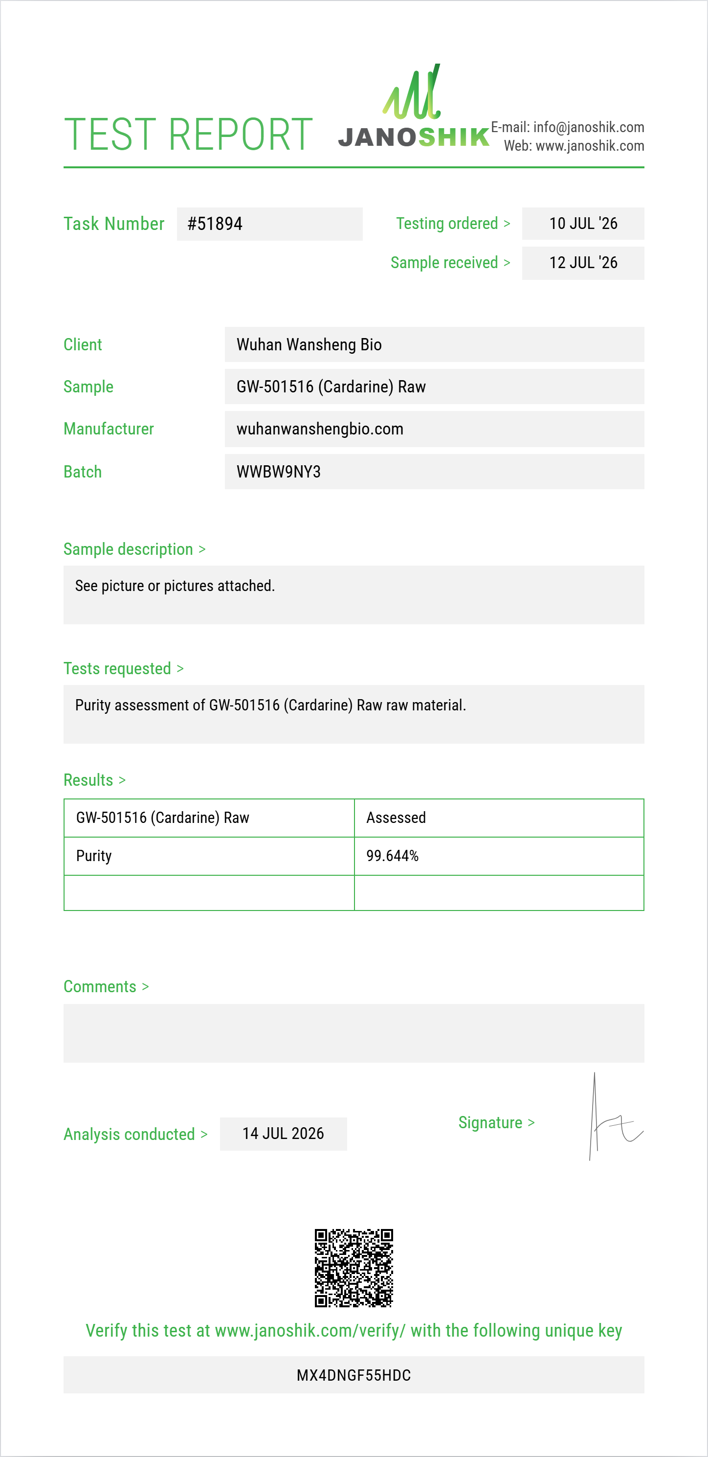 GW-501516 (Cardarine) Raw Purity (HPLC) report by Janoshik Analytical