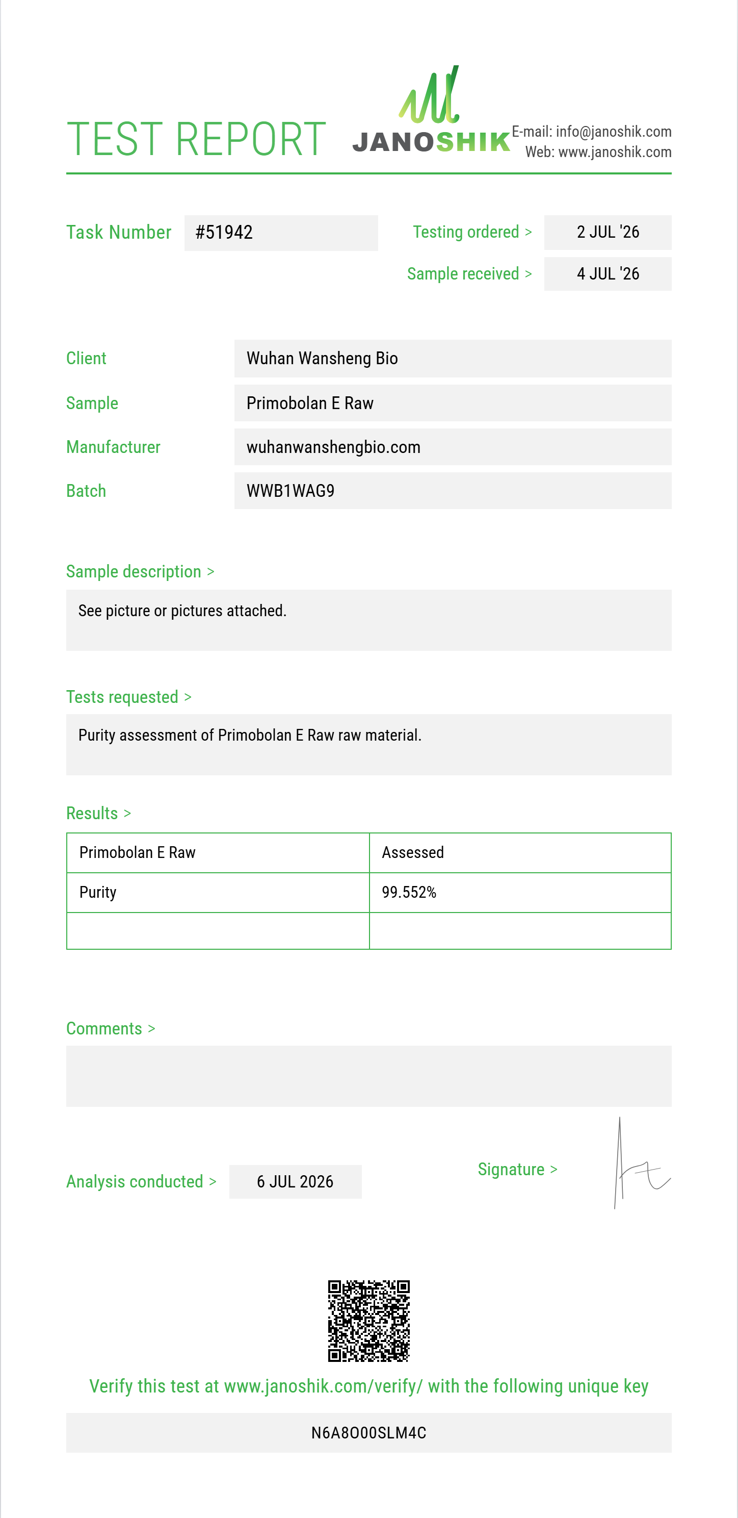 Primobolan E Raw Purity (HPLC) report by Janoshik Analytical