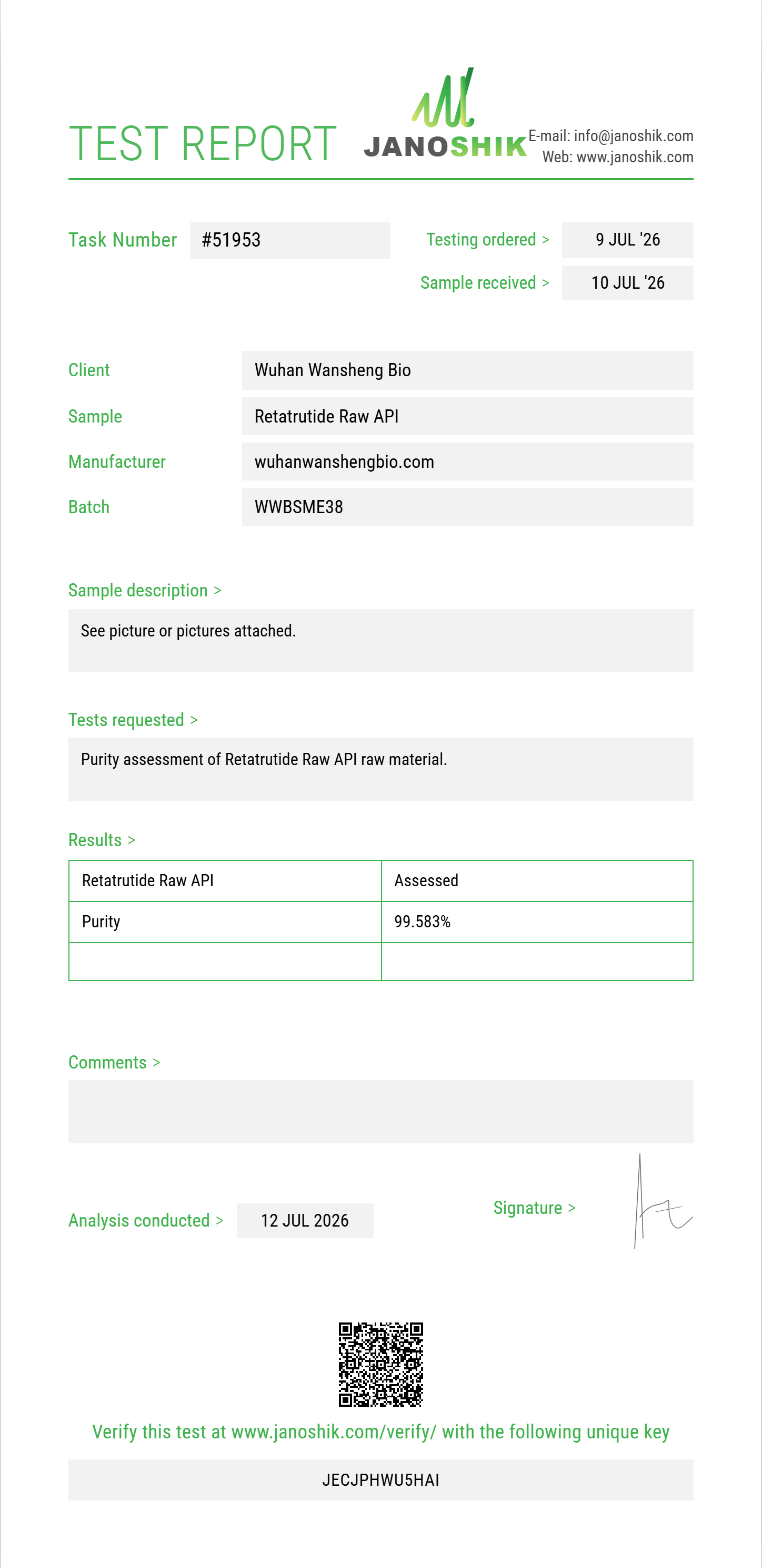 Retatrutide Raw Purity (HPLC) report by Janoshik Analytical