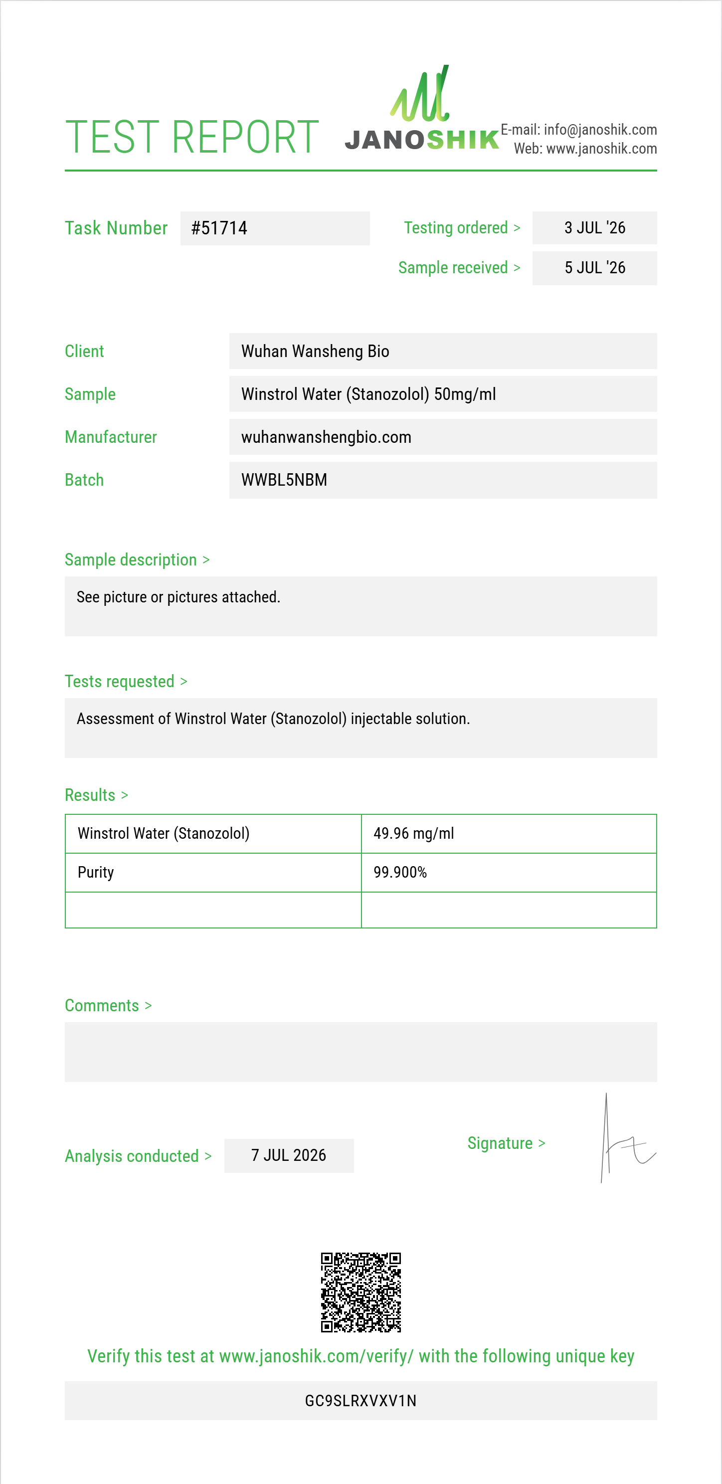 Winstrol Water (Stanozolol) Purity (HPLC) report by Janoshik Analytical
